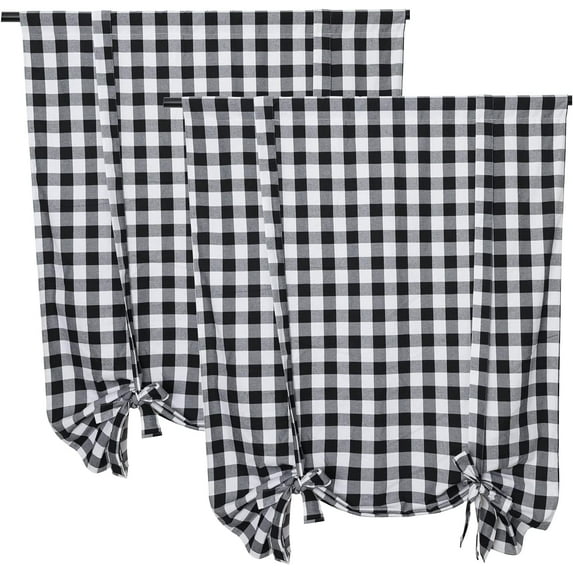 2 Pcs Tie Up Shade Buffalo Check Window Curtain Farmhouse Style Rod Pocket Kitchen Curtains, Black and White, 42 x 63 Inches