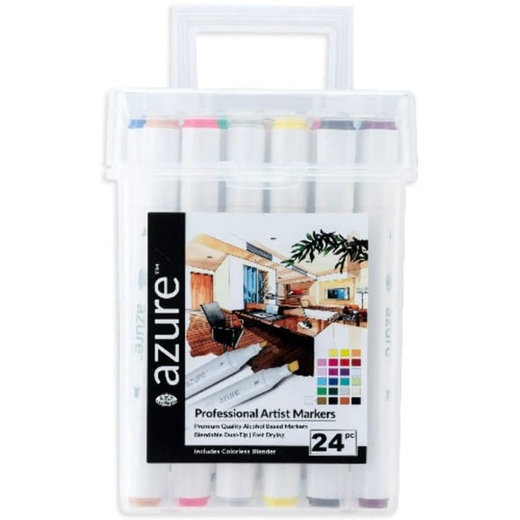 Royal & Langnickel Azure Alcohol Markers, with Case, Fine and Broad Chisel, Assorted Colors, 24 Count