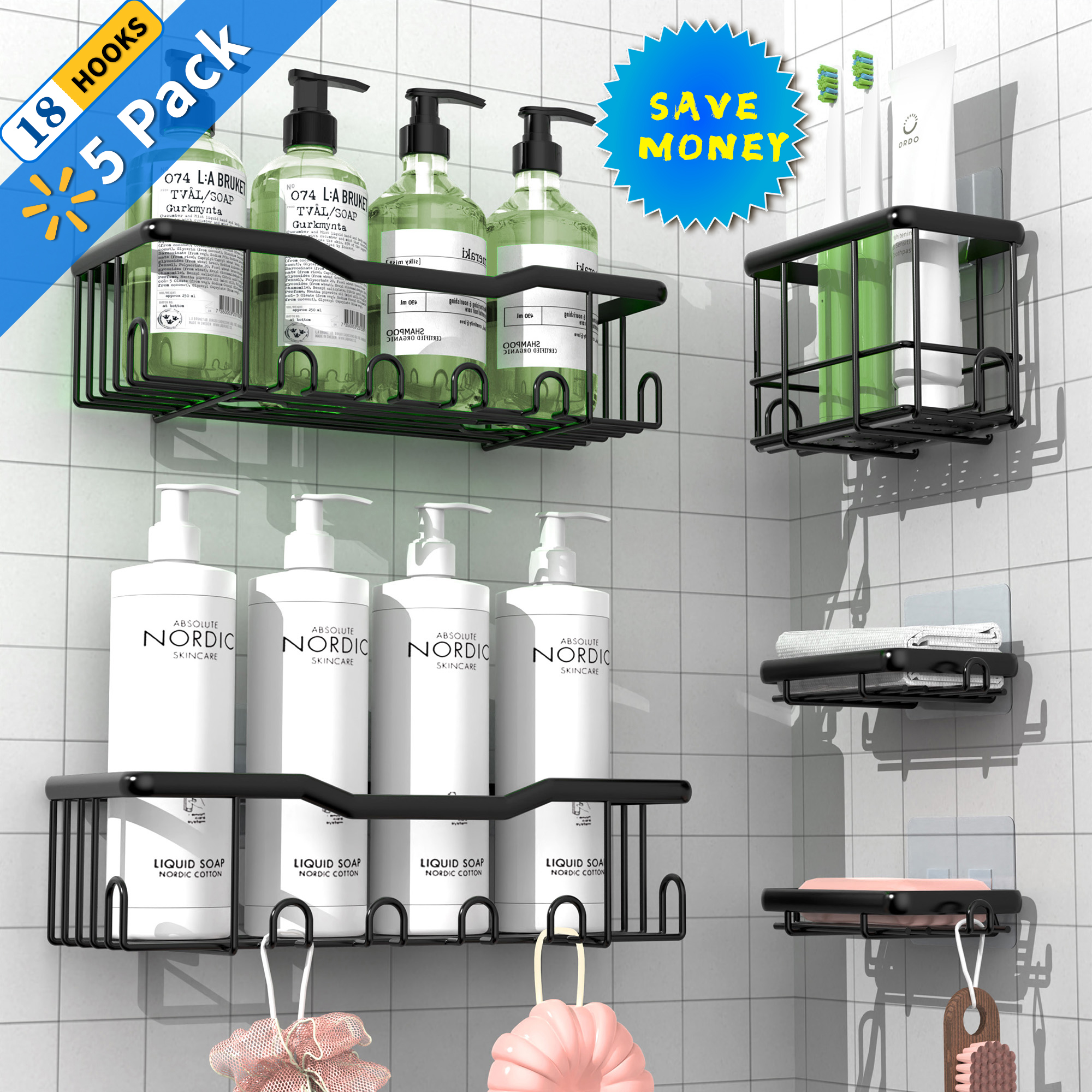 RM FOLD ART Shower Caddy Bathroom Organizer, 5 Pack Adhesive Shower Organizer for Bathroom Storage&Kitchen, No Drilling, Rustproof Carbon Steel Large Capacity Bathroom Accessories, Black - Walmart.com
