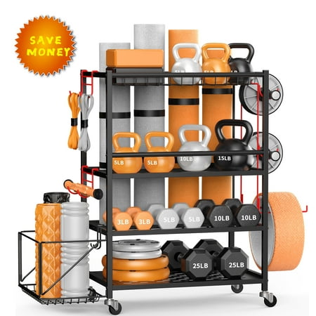 RM FOLD ART Weight Rack for Dumbbells, Dumbbell Rack, Home Gym Storage Rack for Kettlebells, Dumbbells, Yoga Mat and Balls, 650LBS Heavy Duty Storage Shelving with Wheels and Hooks, 4 Tire