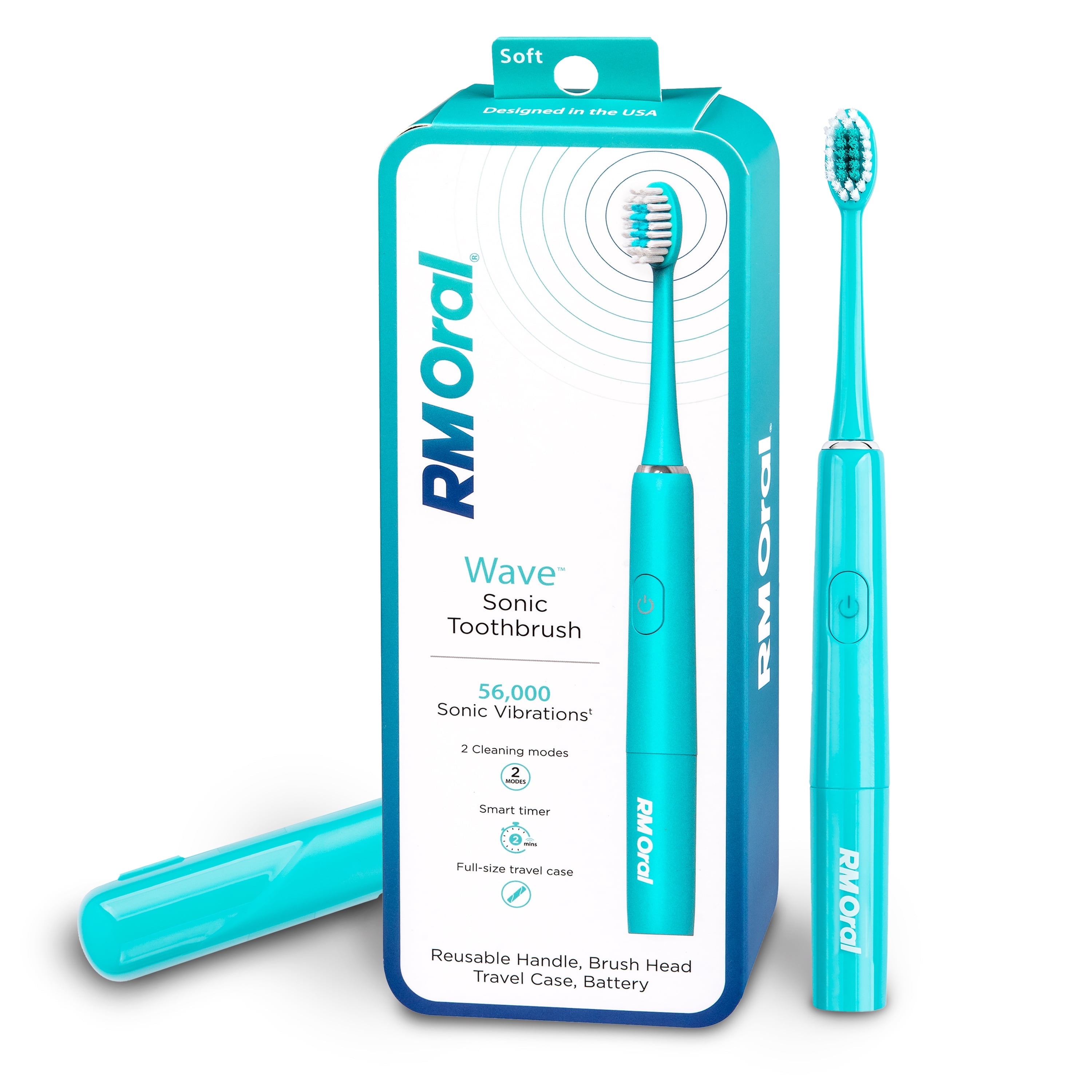 RM ORAL Wave Sonic Battery Toothbrush, Soft Bristles, 56,000 Sonic Vibrations, Travel Case, Aquamarine