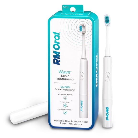 RM ORAL Wave Sonic Battery Toothbrush, Soft Bristles, 56,000 Sonic Vibrations, Travel Case, White