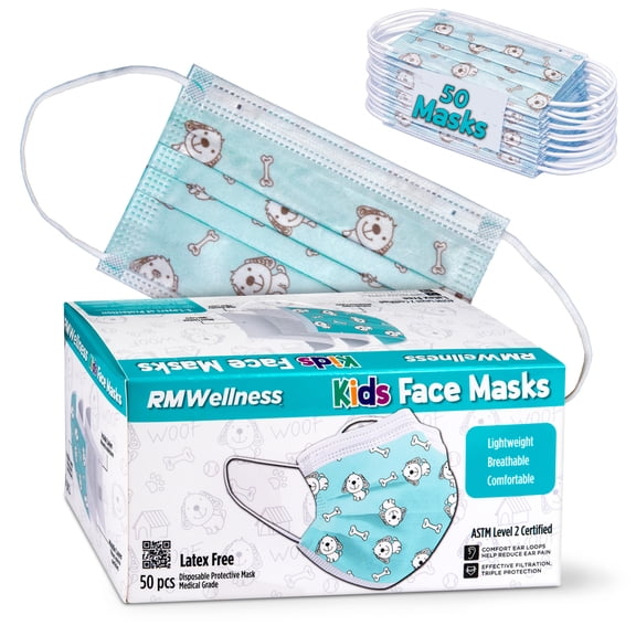 RM Wellness Kids Disposable Face Masks, Medical Grade, 3 layers, Ear Loop, 50 Count