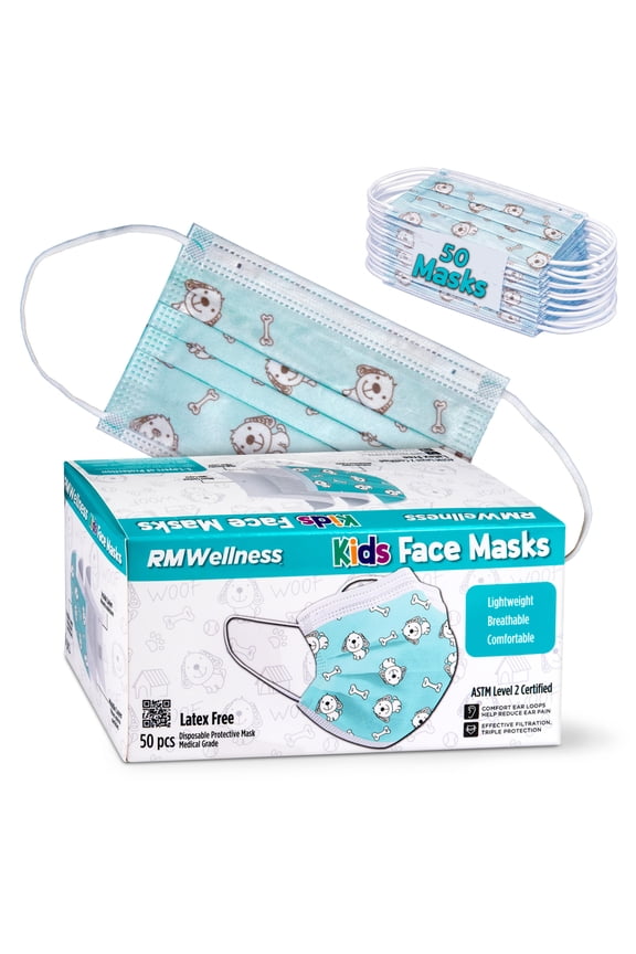 RM Wellness Kids Disposable Face Masks, Medical Grade, 3 layers, Ear Loop, 50 Count