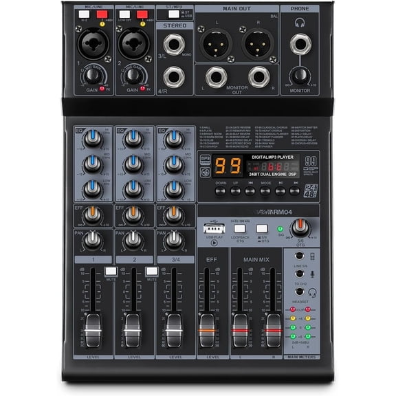 RM04 4Channel Audio Mixer Sound Board, Mixer USB Audio Interface, DJ Mixer with 2 XLR Combo Inputs, 24 Bit 192kHz Recording, Mixing Console for Podcast Live Streaming Studio