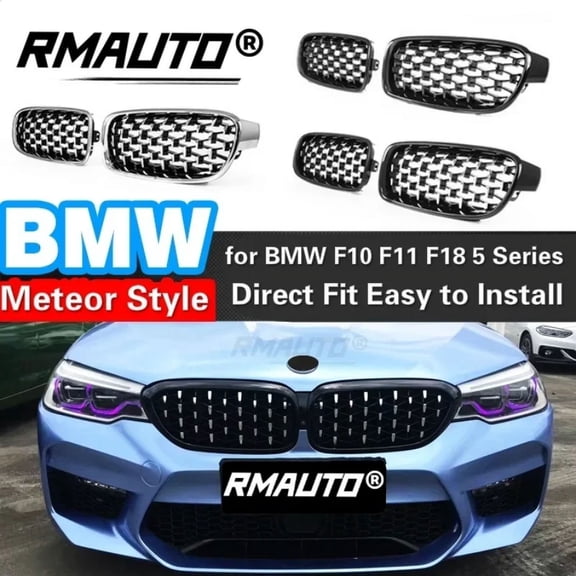 RMAUTO 2Pcs Meteor Diamond Style Car Front Bumper Grille Racing Black Silver for BMW 5 Series F10 F11 F18 2010-2016 Body Kit