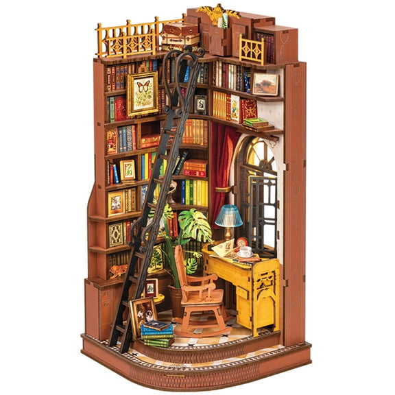 RMBCOME DIY Book Nook Kit Silent Corner Study, 3D Puzzles Creative British Bookend Bookshelf Decor for Adults, Tiny House Miniature Kits Model Building Kits, DIY Crafts/Gifts for Teens & Book Lovers