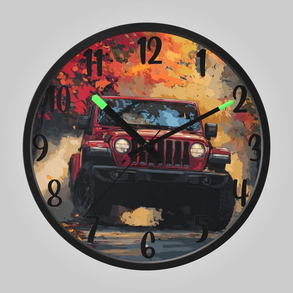 RMDQTR 12 Inch Sound-Activated LED Night Light Wall Clock Silent Sweep Movement Acrylic Face Battery-Operated for Bedroom/Living Room/School// Autumn Trail Red Off-road Jeep