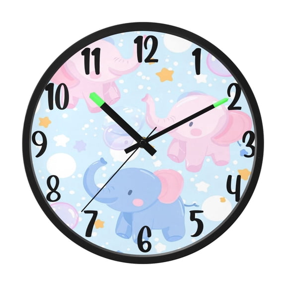 RMDQTR 12 Inch Sound-Activated LED Night Light Wall Clock Silent Sweep Movement Acrylic Face Battery-Operated for Bedroom/Living Room/School / Blue Pink Elephants