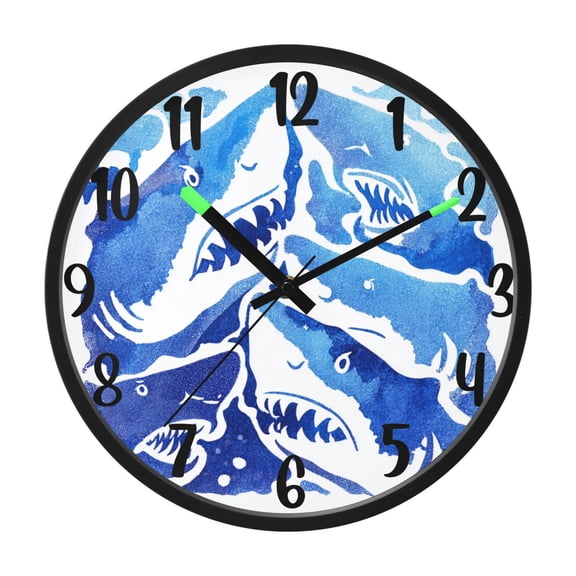 RMDQTR 12 Inch Sound-Activated LED Night Light Wall Clock Silent Sweep Movement Acrylic Face Battery-Operated for Bedroom/Living Room/School / Blue Sharks