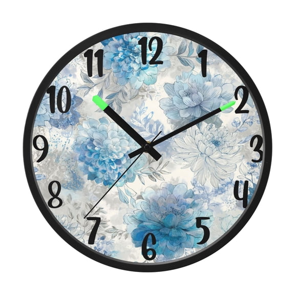 RMDQTR 12 Inch Sound-Activated LED Night Light Wall Clock Silent Sweep Movement Acrylic Face Battery-Operated for Bedroom/Living Room/School / Bright Blue Blooming Peonies
