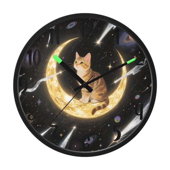 RMDQTR 12 Inch Sound-Activated LED Night Light Wall Clock Silent Sweep Movement Acrylic Face Battery-Operated for Bedroom/Living Room/School / Brown Cat on The Moon