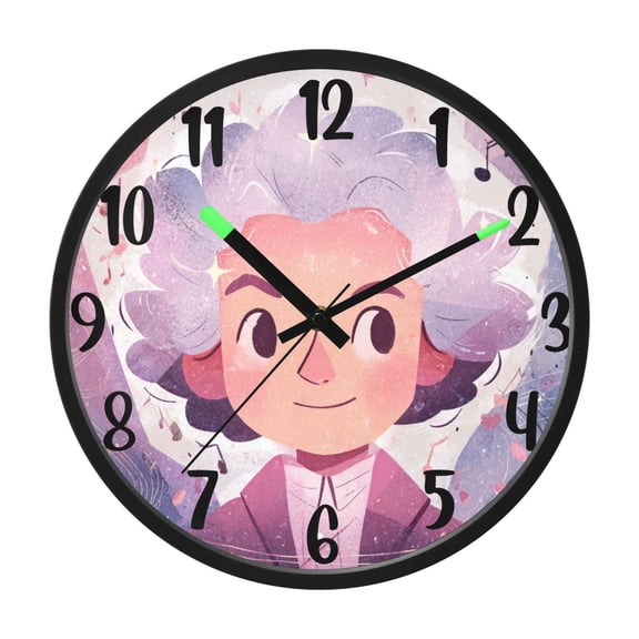 RMDQTR 12 Inch Sound-Activated LED Night Light Wall Clock Silent Sweep Movement Acrylic Face Battery-Operated for Bedroom/Living Room/School / Cartoon Avatar Of Beethoven