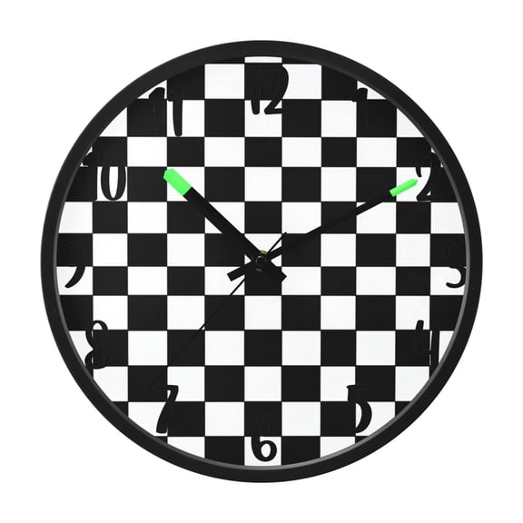 RMDQTR 12 Inch Sound-Activated LED Night Light Wall Clock Silent Sweep Movement Acrylic Face Battery-Operated for Bedroom/Living Room/School / Classic Black-and-white Checkered Pattern