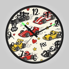 RMDQTR 12 Inch Sound-Activated LED Night Light Wall Clock Silent Sweep Movement Acrylic Face Battery-Operated for Bedroom/Living Room/School// Cute Cartoon Race Cars Pattern