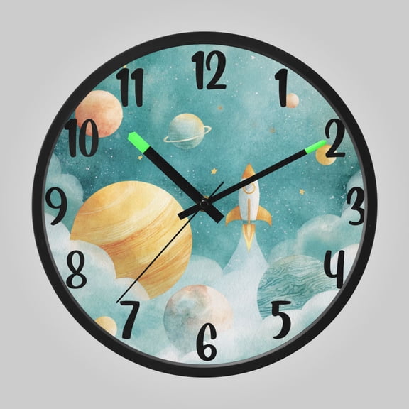 RMDQTR 12 Inch Sound-Activated LED Night Light Wall Clock Silent Sweep Movement Acrylic Face Battery-Operated for Bedroom/Living Room/School// Cute Rocket Space Planets Print