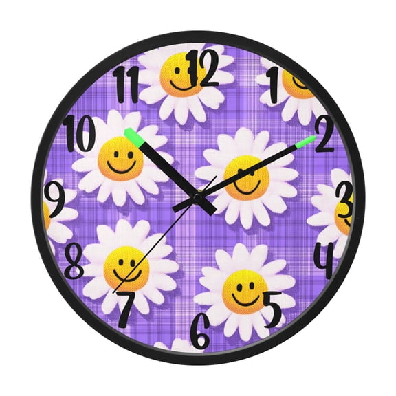 RMDQTR 12 Inch Sound-Activated LED Night Light Wall Clock Silent Sweep Movement Acrylic Face Battery-Operated for Bedroom/Living Room/School / Cute Smiling Daisies on Purple