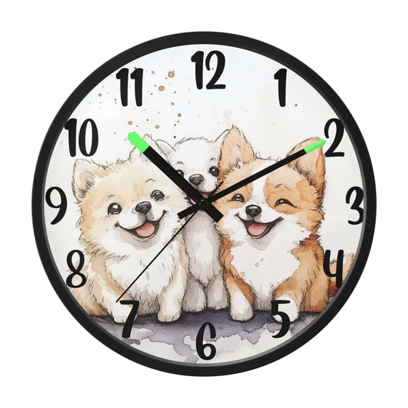 RMDQTR 12 Inch Sound-Activated LED Night Light Wall Clock Silent Sweep Movement Acrylic Face Battery-Operated for Bedroom/Living Room/School / Cute Watercolor Style Dogs