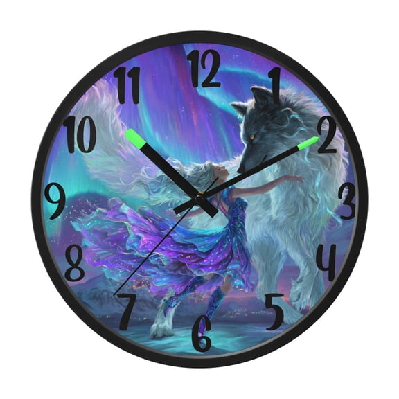 RMDQTR 12 Inch Sound-Activated LED Night Light Wall Clock Silent Sweep Movement Acrylic Face Battery-Operated for Bedroom/Living Room/School / Dances with Wolf