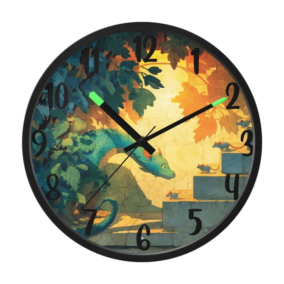 RMDQTR 12 Inch Sound-Activated LED Night Light Wall Clock Silent Sweep Movement Acrylic Face Battery-Operated for Bedroom/Living Room/School / Dragon and Mouse Friend