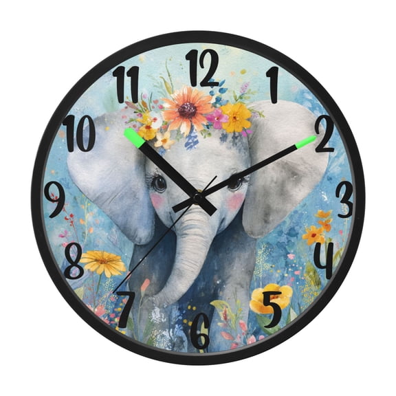 RMDQTR 12 Inch Sound-Activated LED Night Light Wall Clock Silent Sweep Movement Acrylic Face Battery-Operated for Bedroom/Living Room/School / Elephant Wearing Colorful Flowers