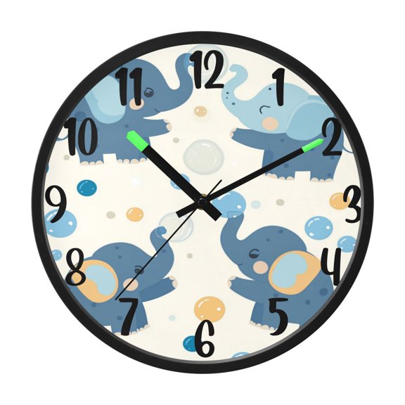 RMDQTR 12 Inch Sound-Activated LED Night Light Wall Clock Silent Sweep Movement Acrylic Face Battery-Operated for Bedroom/Living Room/School / Elephants Play Bubbles
