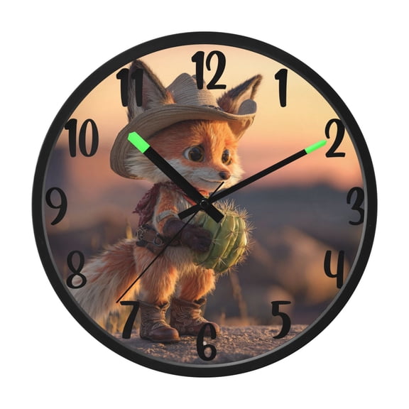 RMDQTR 12 Inch Sound-Activated LED Night Light Wall Clock Silent Sweep Movement Acrylic Face Battery-Operated for Bedroom/Living Room/School / Fox Cactus