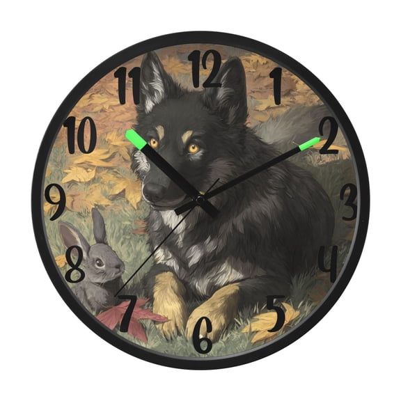 RMDQTR 12 Inch Sound-Activated LED Night Light Wall Clock Silent Sweep Movement Acrylic Face Battery-Operated for Bedroom/Living Room/School / Gray Wolf and Rabbit