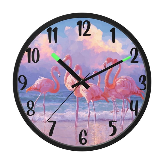 RMDQTR 12 Inch Sound-Activated LED Night Light Wall Clock Silent Sweep Movement Acrylic Face Battery-Operated for Bedroom/Living Room/School / Group Of Pink Flamingos