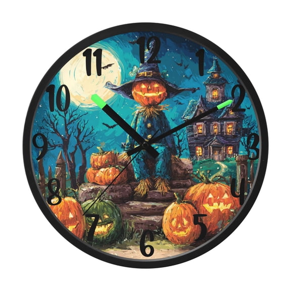 RMDQTR 12 Inch Sound-Activated LED Night Light Wall Clock Silent Sweep Movement Acrylic Face Battery-Operated for Bedroom/Living Room/School / Halloween Pumpkin and Scarecrow