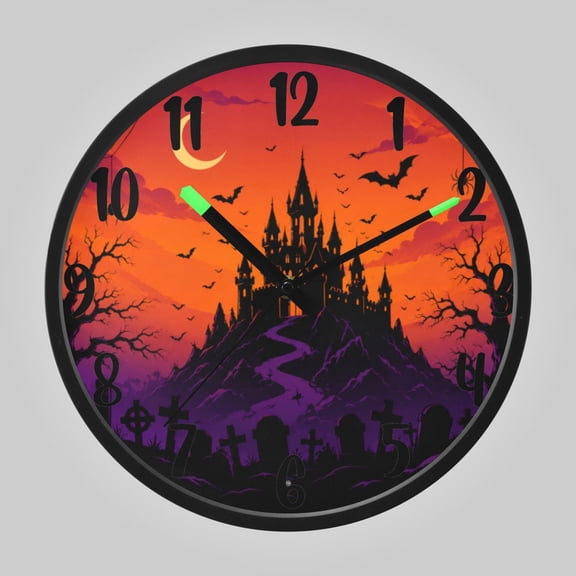 RMDQTR 12 Inch Sound-Activated LED Night Light Wall Clock Silent Sweep Movement Acrylic Face Battery-Operated for Bedroom/Living Room/School/ Halloween Spiders Bats Castle