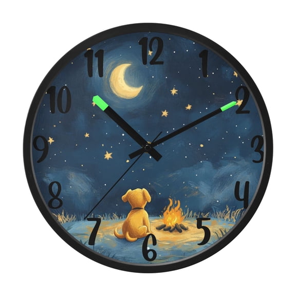 RMDQTR 12 Inch Sound-Activated LED Night Light Wall Clock Silent Sweep Movement Acrylic Face Battery-Operated for Bedroom/Living Room/School / Moon and Dog