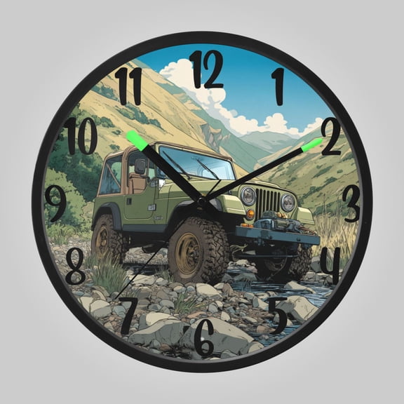 RMDQTR 12 Inch Sound-Activated LED Night Light Wall Clock Silent Sweep Movement Acrylic Face Battery-Operated for Bedroom/Living Room/School// Mountain Stream Jeep Adventure