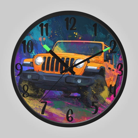 RMDQTR 12 Inch Sound-Activated LED Night Light Wall Clock Silent Sweep Movement Acrylic Face Battery-Operated for Bedroom/Living Room/School// Neon Jeep Illustration