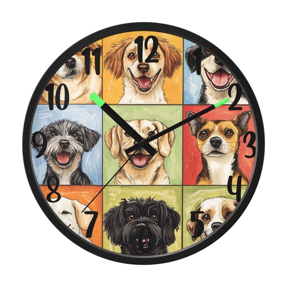 RMDQTR 12 Inch Sound-Activated LED Night Light Wall Clock Silent Sweep Movement Acrylic Face Battery-Operated for Bedroom/Living Room/School / Nine-square Grid Dogs