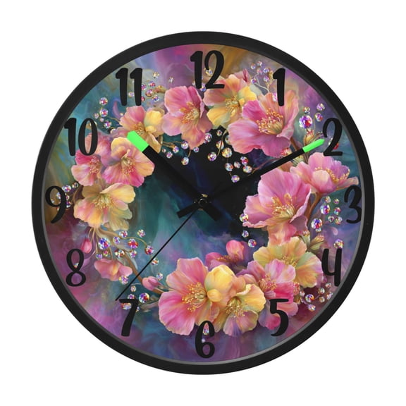 RMDQTR 12 Inch Sound-Activated LED Night Light Wall Clock Silent Sweep Movement Acrylic Face Battery-Operated for Bedroom/Living Room/School / Opulent Floral Wreath
