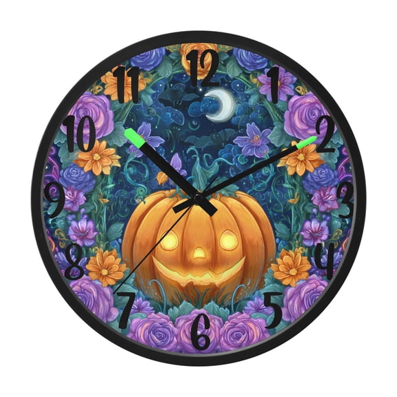 RMDQTR 12 Inch Sound-Activated LED Night Light Wall Clock Silent Sweep Movement Acrylic Face Battery-Operated for Bedroom/Living Room/School / Pumpkin and Purple Flowers