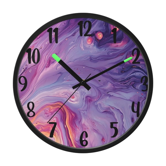 RMDQTR 12 Inch Sound-Activated LED Night Light Wall Clock Silent Sweep Movement Acrylic Face Battery-Operated for Bedroom/Living Room/School / Purple Fluid Painting
