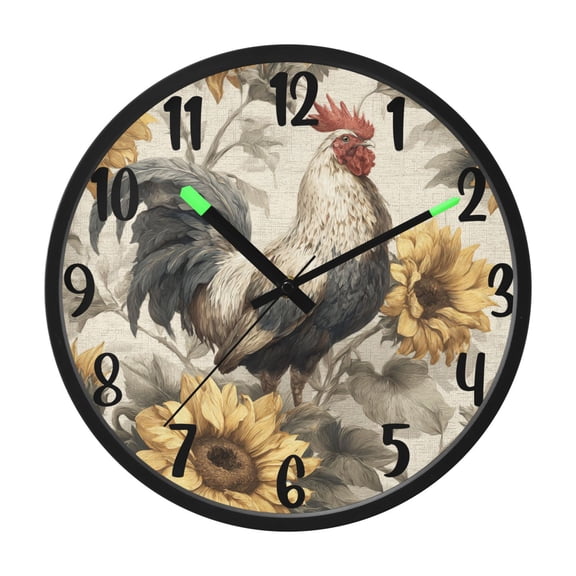 RMDQTR 12 Inch Sound-Activated LED Night Light Wall Clock Silent Sweep Movement Acrylic Face Battery-Operated for Bedroom/Living Room/School / Rooster and Sunflowers