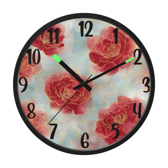 RMDQTR 12 Inch Sound-Activated LED Night Light Wall Clock Silent Sweep Movement Acrylic Face Battery-Operated for Bedroom/Living Room/School / Rose Petals with Gold Outline