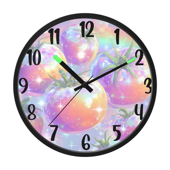 RMDQTR 12 Inch Sound-Activated LED Night Light Wall Clock Silent Sweep Movement Acrylic Face Battery-Operated for Bedroom/Living Room/School / Shiny Tomatoes Pattern
