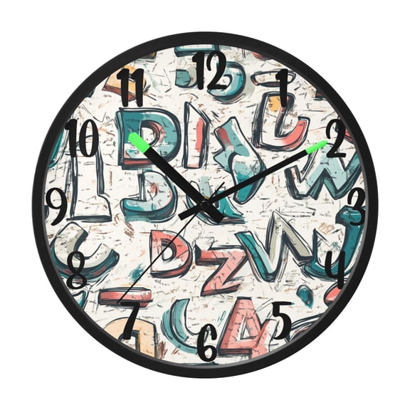 RMDQTR 12 Inch Sound-Activated LED Night Light Wall Clock Silent Sweep Movement Acrylic Face Battery-Operated for Bedroom/Living Room/School / Street Graffiti Doodle Alphabet