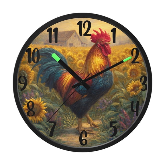 RMDQTR 12 Inch Sound-Activated LED Night Light Wall Clock Silent Sweep Movement Acrylic Face Battery-Operated for Bedroom/Living Room/School / Sunflower Farm's Rooster