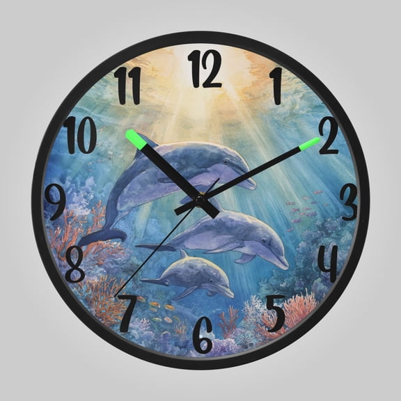 RMDQTR 12 Inch Sound-Activated LED Night Light Wall Clock Silent Sweep Movement Acrylic Face Battery-Operated for Bedroom/Living Room/School Sunlit Dolphin Pod Print