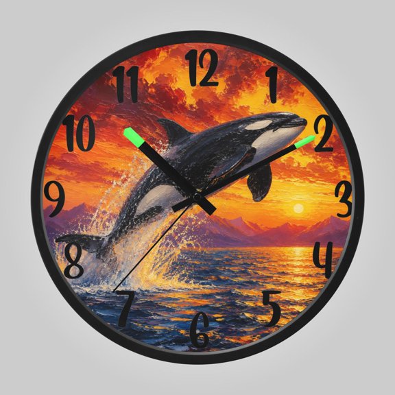 RMDQTR 12 Inch Sound-Activated LED Night Light Wall Clock Silent Sweep Movement Acrylic Face Battery-Operated for Bedroom/Living Room/School/ Sunset Ocean Orca Painting