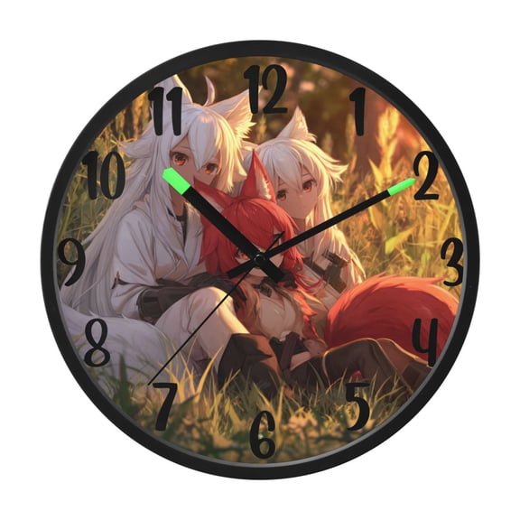 RMDQTR 12 Inch Sound-Activated LED Night Light Wall Clock Silent Sweep Movement Acrylic Face Battery-Operated for Bedroom/Living Room/School / Three Anime Foxes