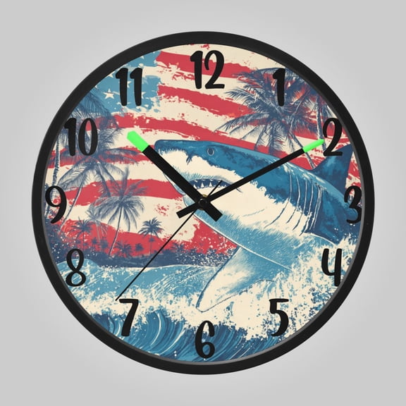 RMDQTR 12 Inch Sound-Activated LED Night Light Wall Clock Silent Sweep Movement Acrylic Face Battery-Operated for Bedroom/Living Room/School// Tropical Shark Pattern