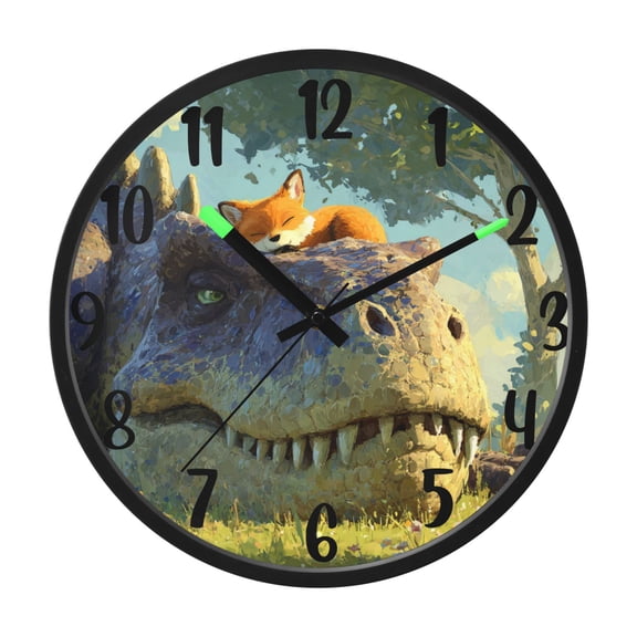 RMDQTR 12 Inch Sound-Activated LED Night Light Wall Clock Silent Sweep Movement Acrylic Face Battery-Operated for Bedroom/Living Room/School / Tyrannosaurus Rex and Fox