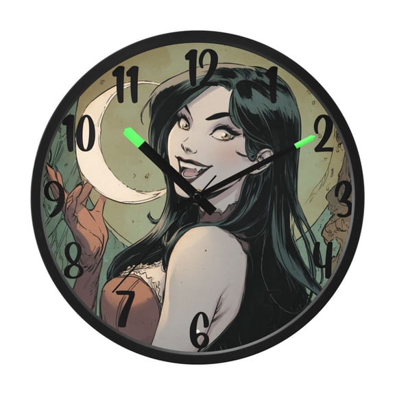 RMDQTR 12 Inch Sound-Activated LED Night Light Wall Clock Silent Sweep Movement Acrylic Face Battery-Operated for Bedroom/Living Room/School / Vampire Girl