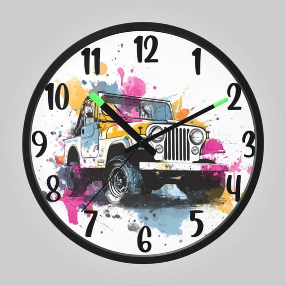 RMDQTR 12 Inch Sound-Activated LED Night Light Wall Clock Silent Sweep Movement Acrylic Face Battery-Operated for Bedroom/Living Room/School// Wet Watercolor Jeep Pattern